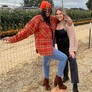 Target flannel/coat in orange with hint of green and pink